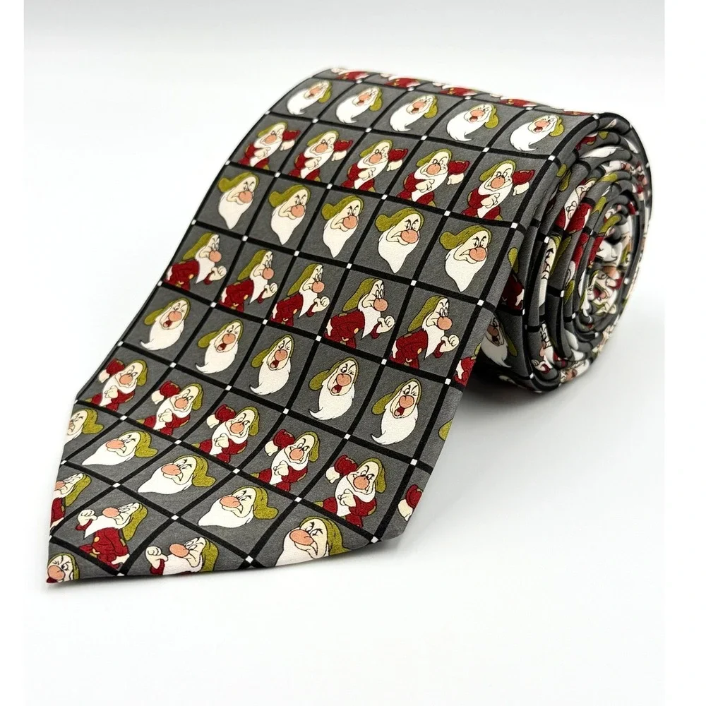 Disney Parks 'Grumpy' Seven Dwarfs 100% Silk Mens Necktie Gray 57.5
